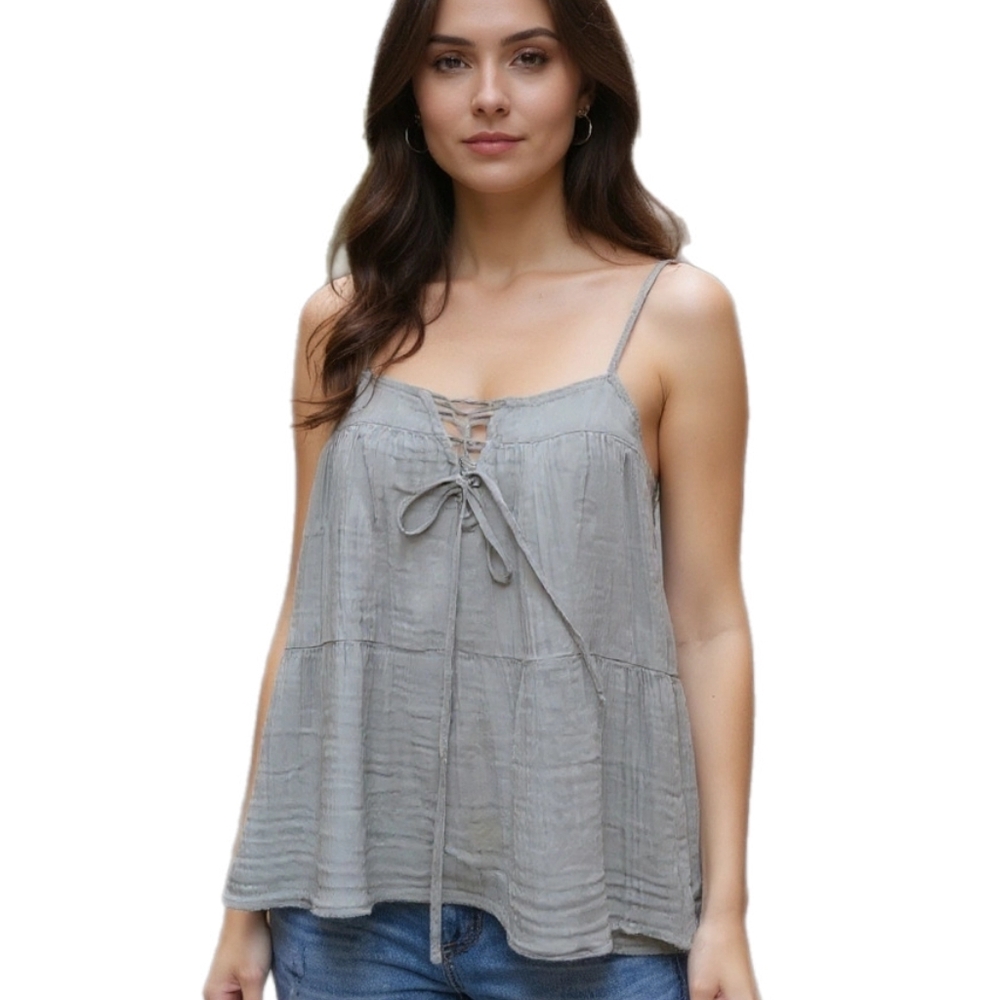 ASOS DESIGN Lace-Up Crinkle Gauze Tiered Cami Tank Top